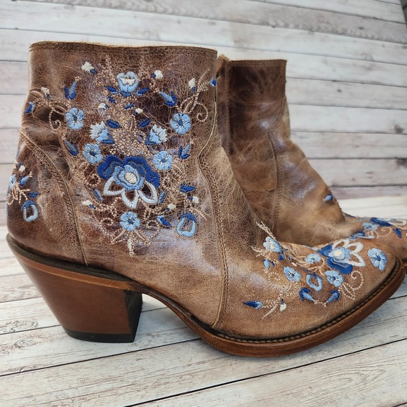 Shyanne TILLIE Floral Embroidered Brown Leather Zip Western Booties Size 7.5 - Picture 10 of 16